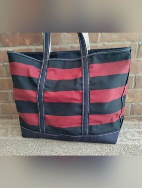 Vintage LL Bean Boat and Tote Zip Top Canvas Bag Made in USA 90s Stripe Navy Red